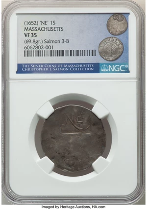 image for: (1652) New England Shilling, Salmon 3-B, VF35 NGC. Noe 3-A, W-70, High R.7....