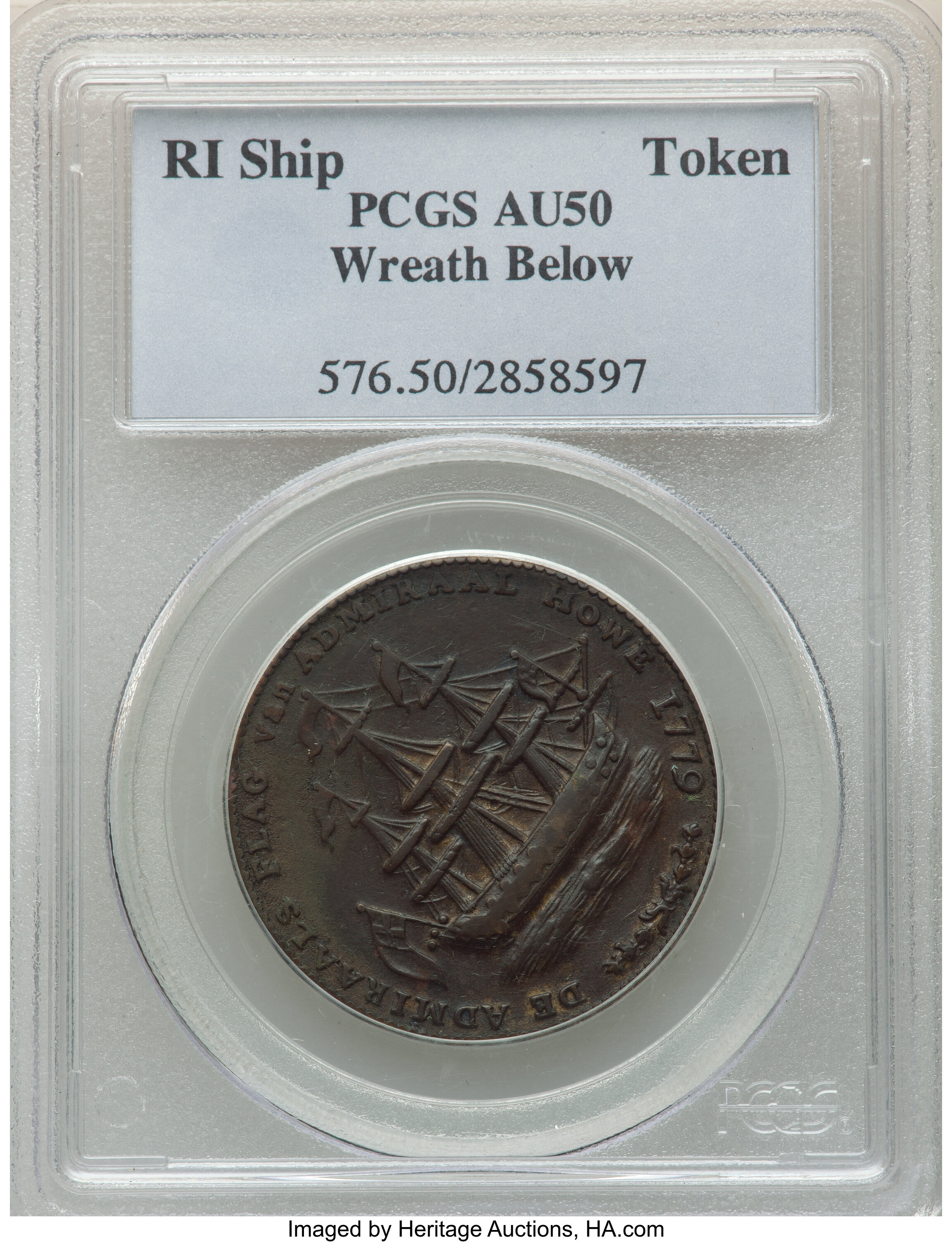 image for: 1778-1779 Rhode Island Ship Token, Wreath Below, Brass, AU50 PCGS. Betts-563, W-1740, R.3....