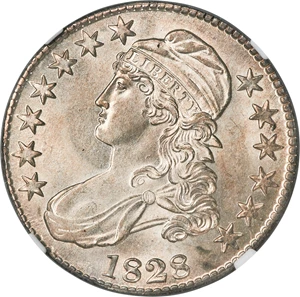 image for: 1828 50C Square Base 2, Small 8s, Large Letters, O-116, R.2, MS64 NGC....
