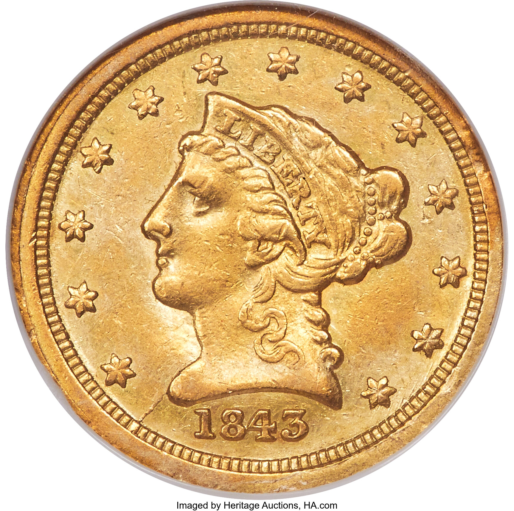 image for: 1843-C $2 1/2 Small Date, Crosslet 4, AU50 NGC. Variety 1....