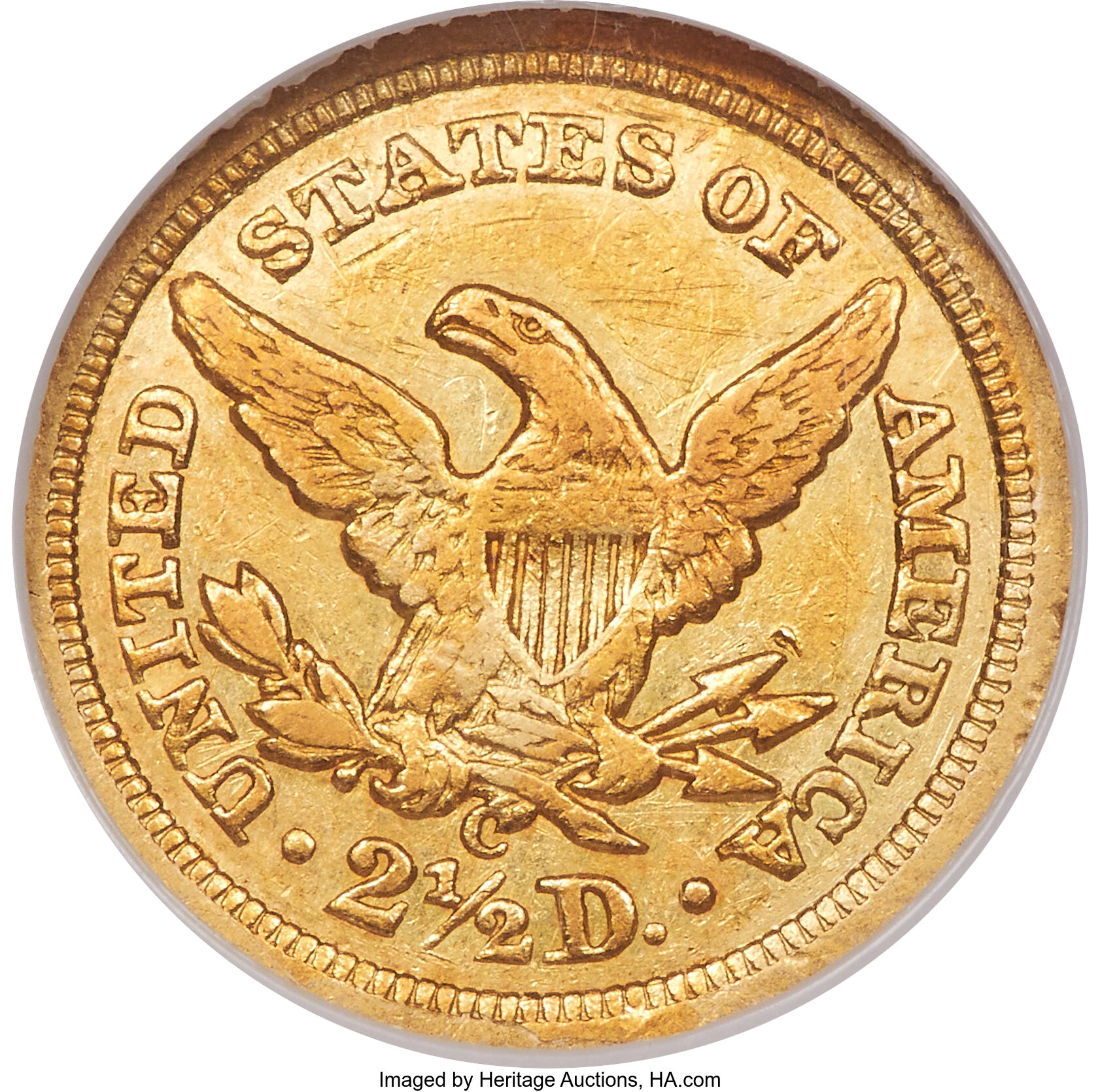 image for: 1843-C $2 1/2 Small Date, Crosslet 4, AU50 NGC. Variety 1....