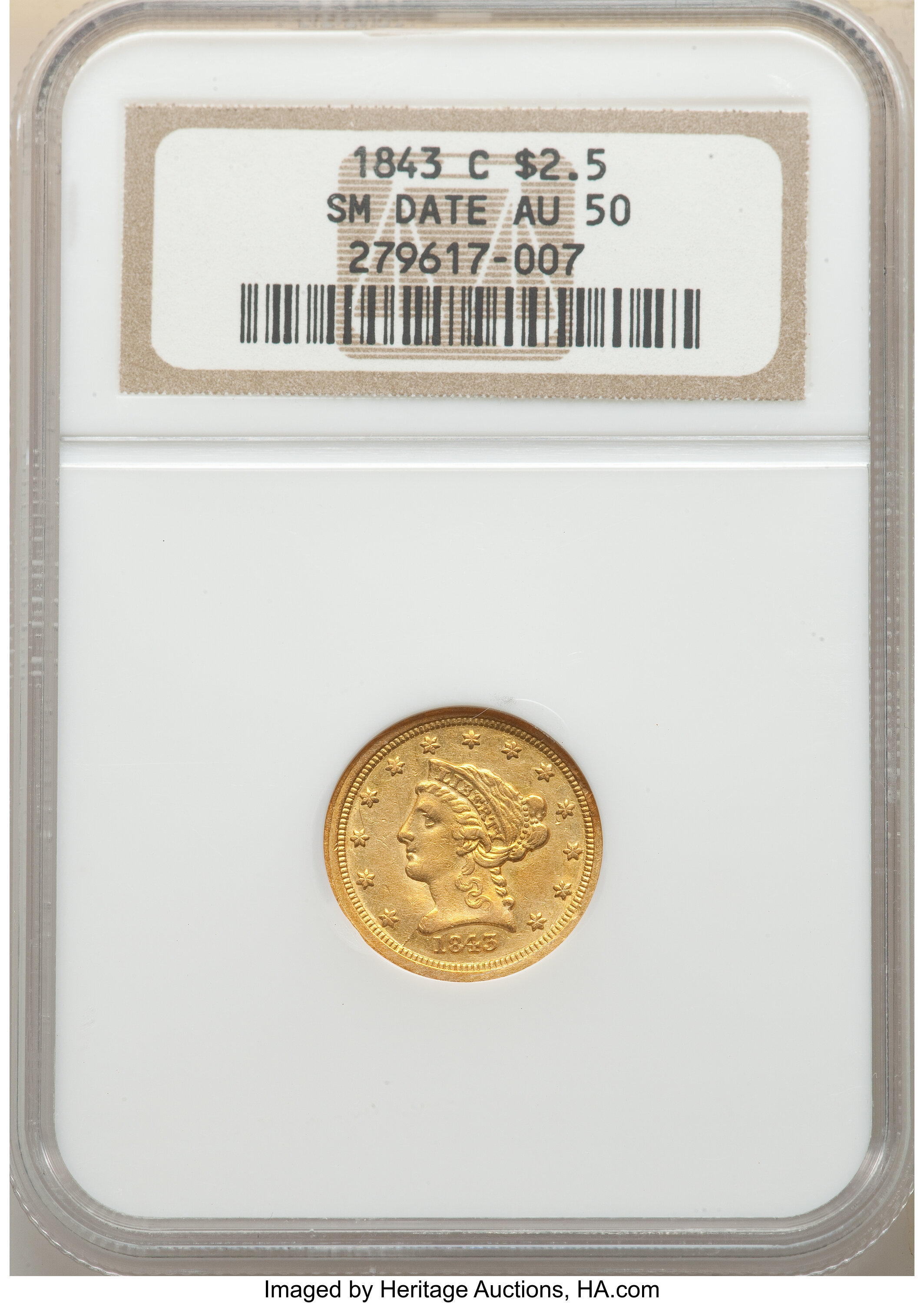 image for: 1843-C $2 1/2 Small Date, Crosslet 4, AU50 NGC. Variety 1....
