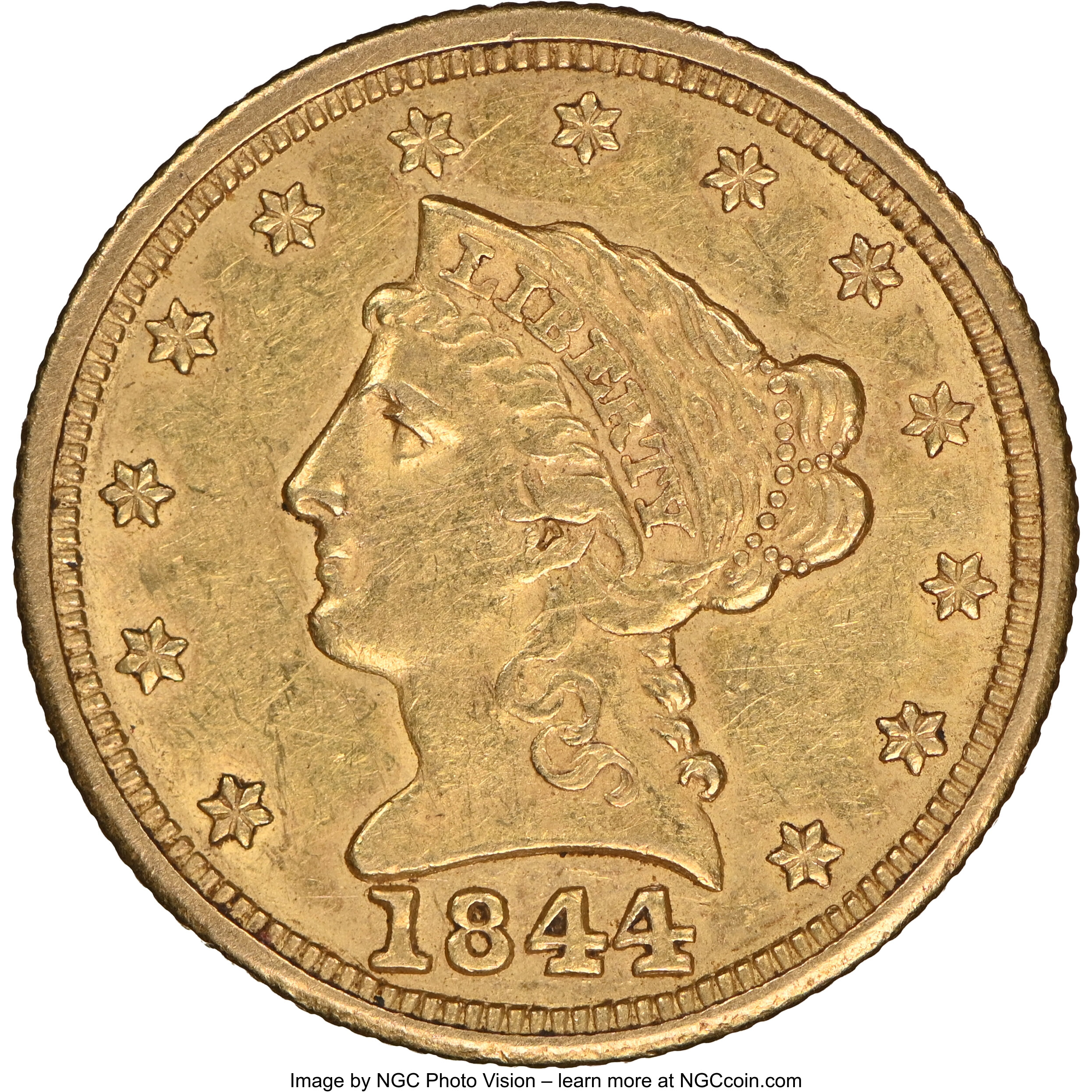 image for: 1844 $2 1/2 AU58 NGC....