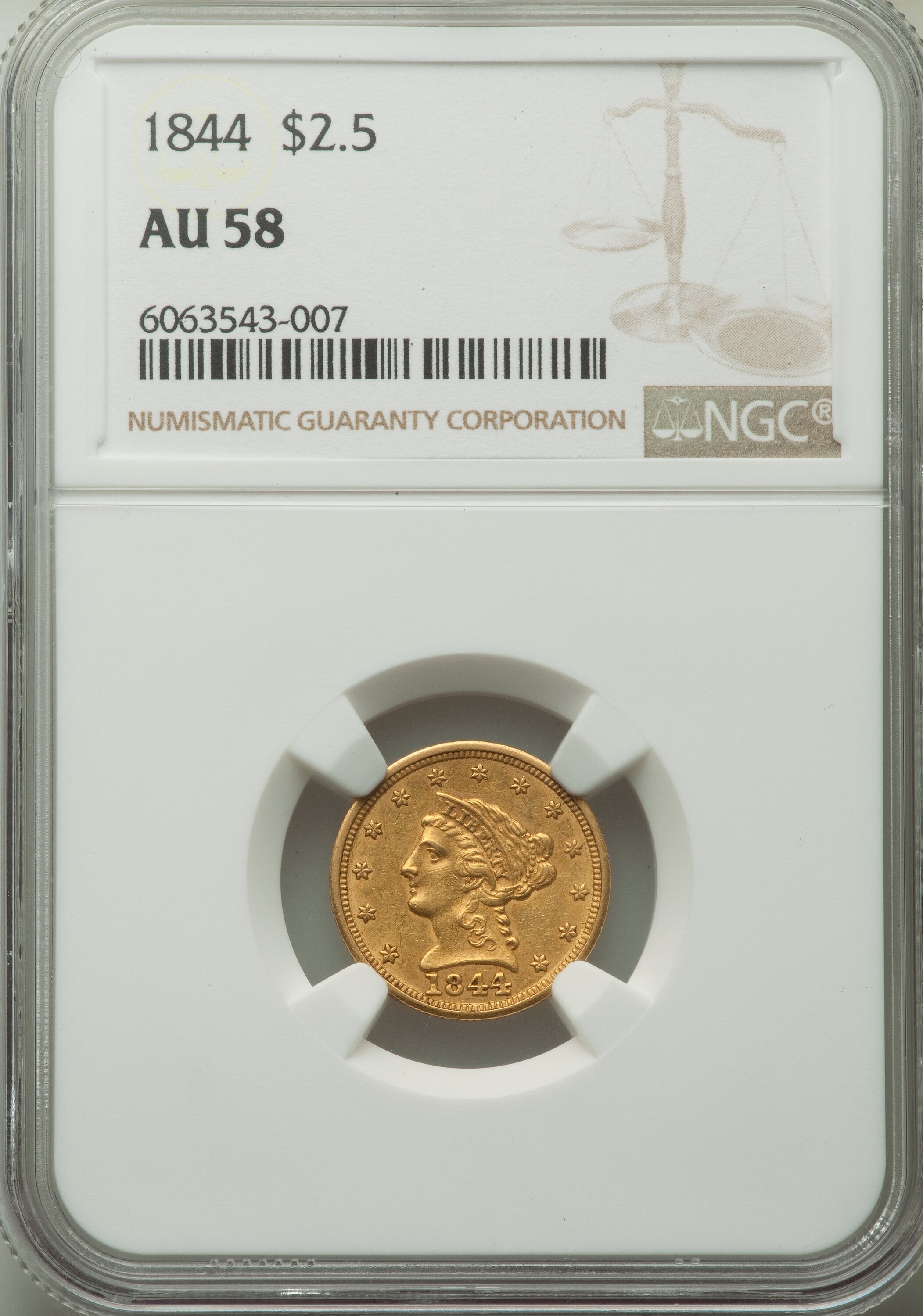 image for: 1844 $2 1/2 AU58 NGC....