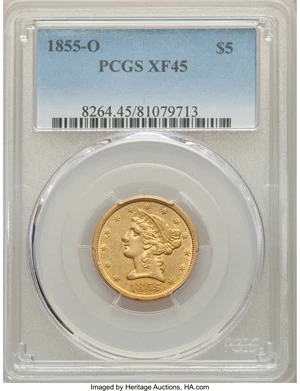 image for: 1855-O $5 XF45 PCGS. Variety 1....