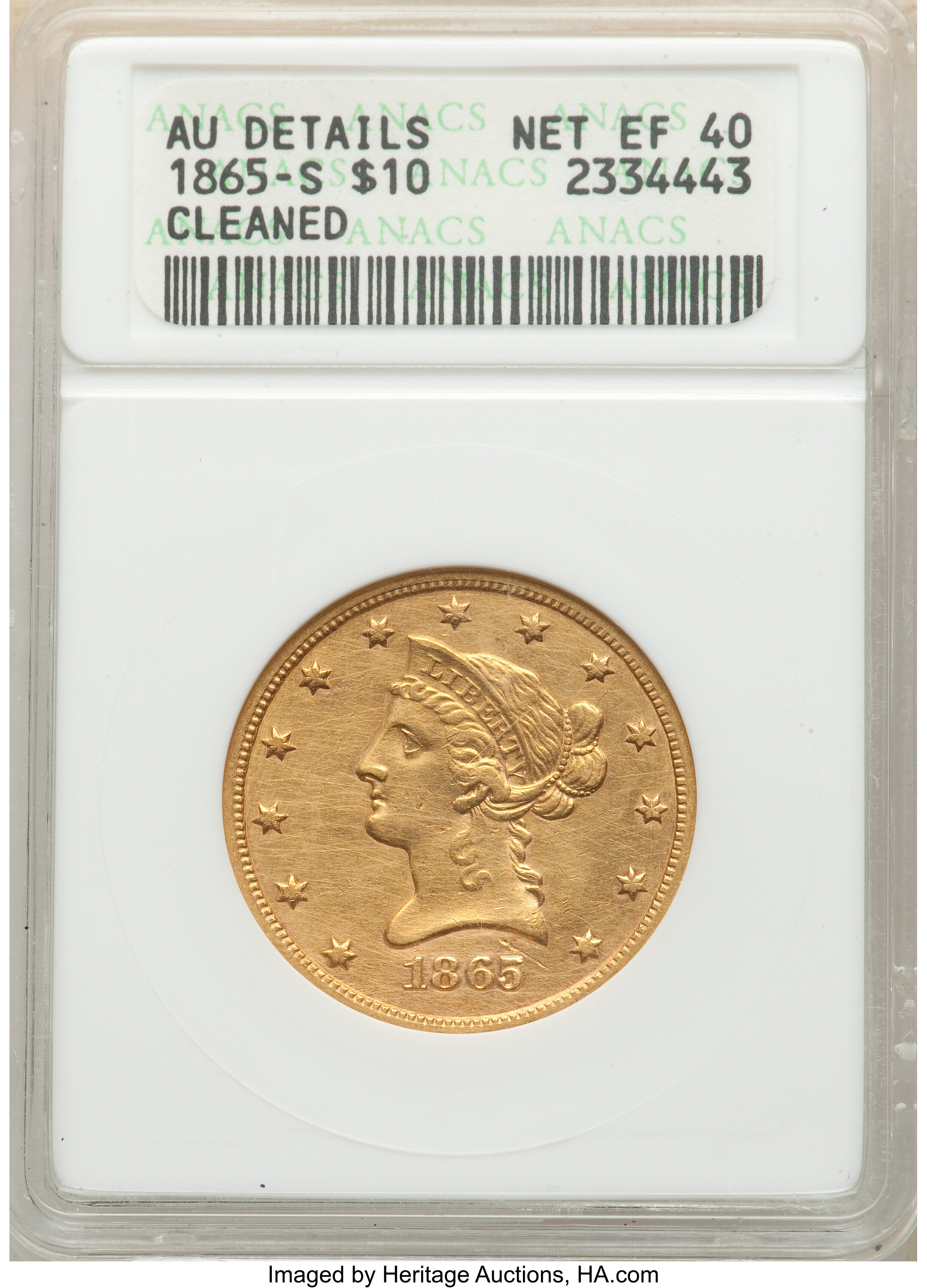 image for: 1865-S $10 -- Cleaned -- ANACS. AU Details, Net XF40....