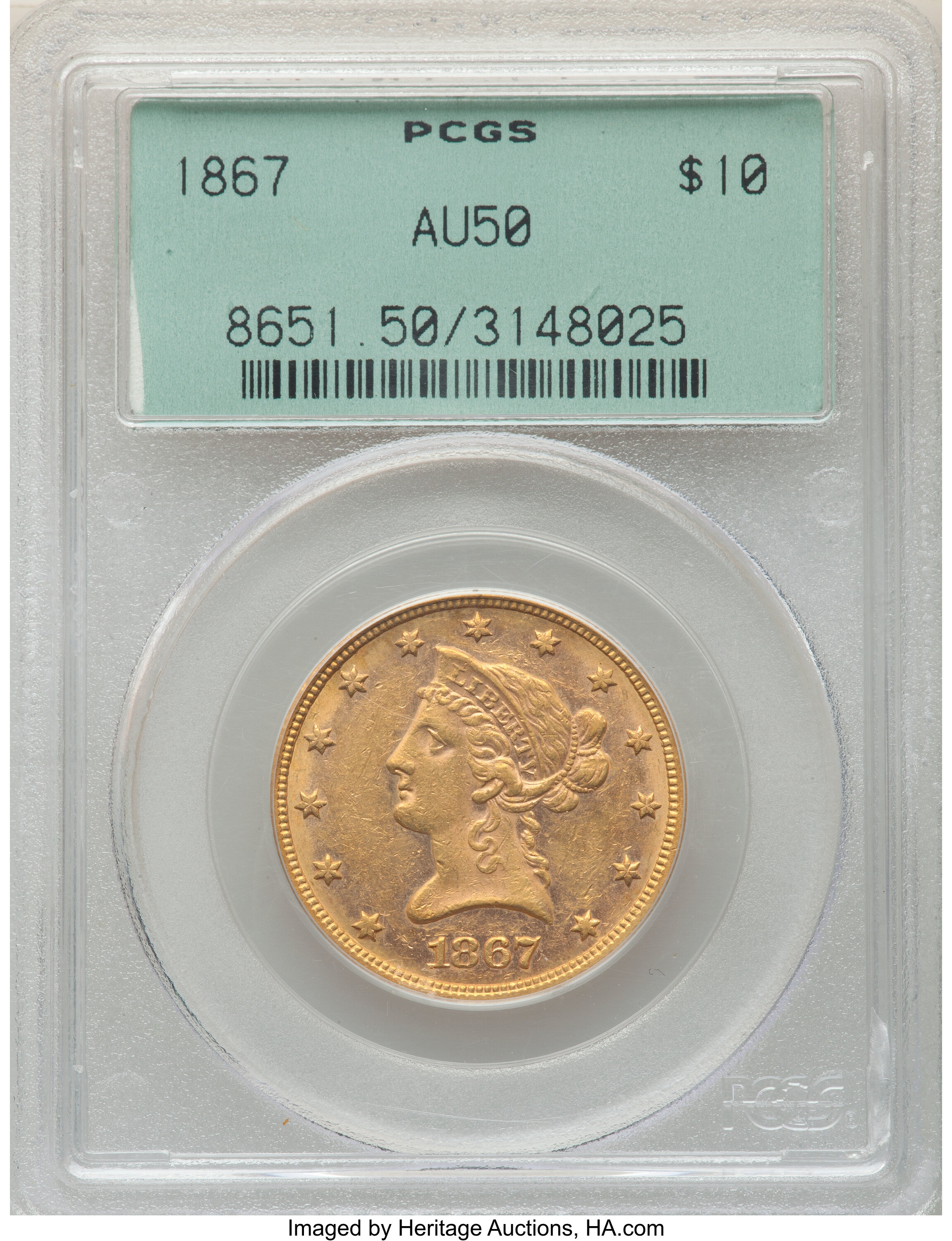 image for: 1867 $10 AU50 PCGS....