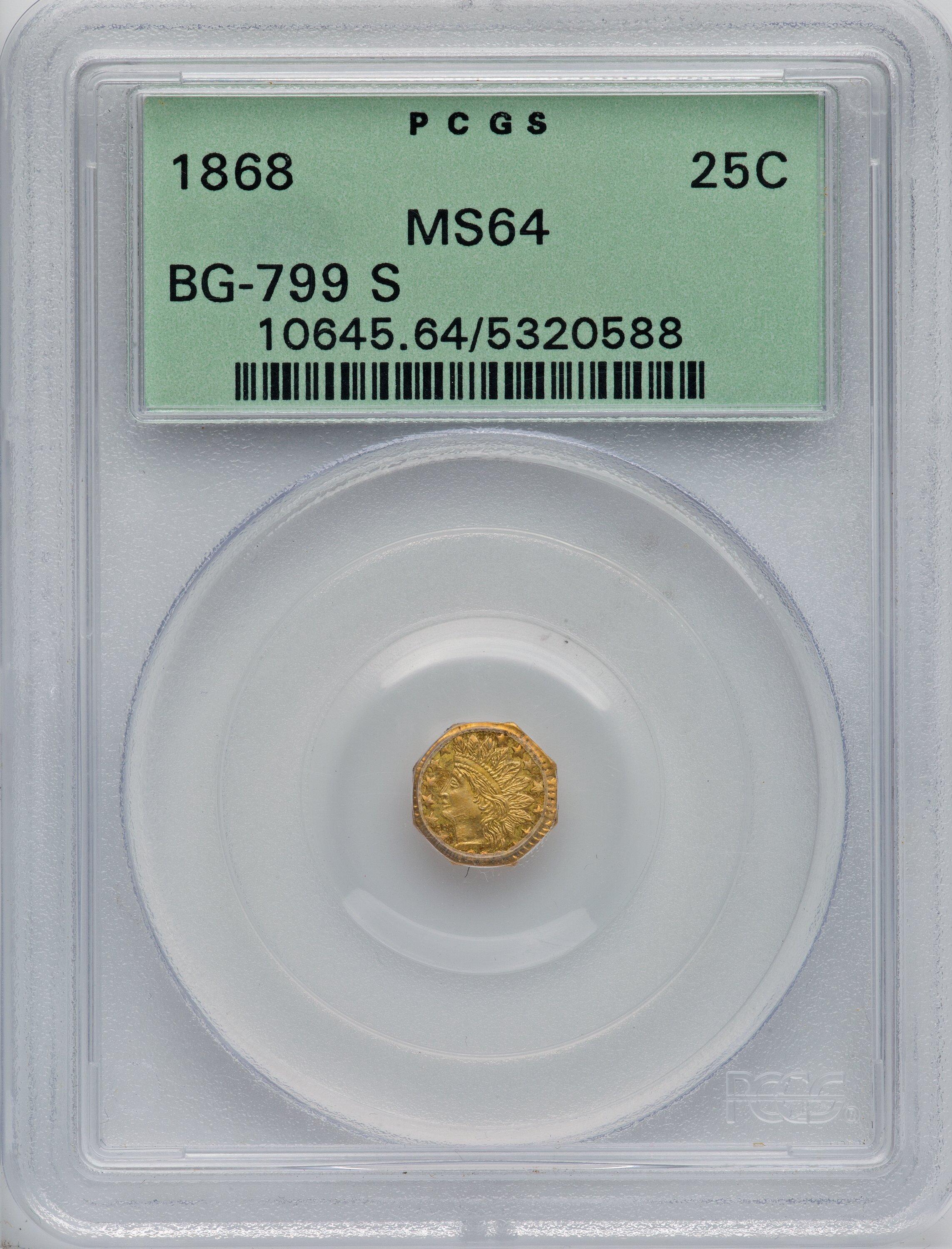 image for: 1868 25C Indian Octagonal 25 Cents, BG-799S, Low R.8, MS64 PCGS....