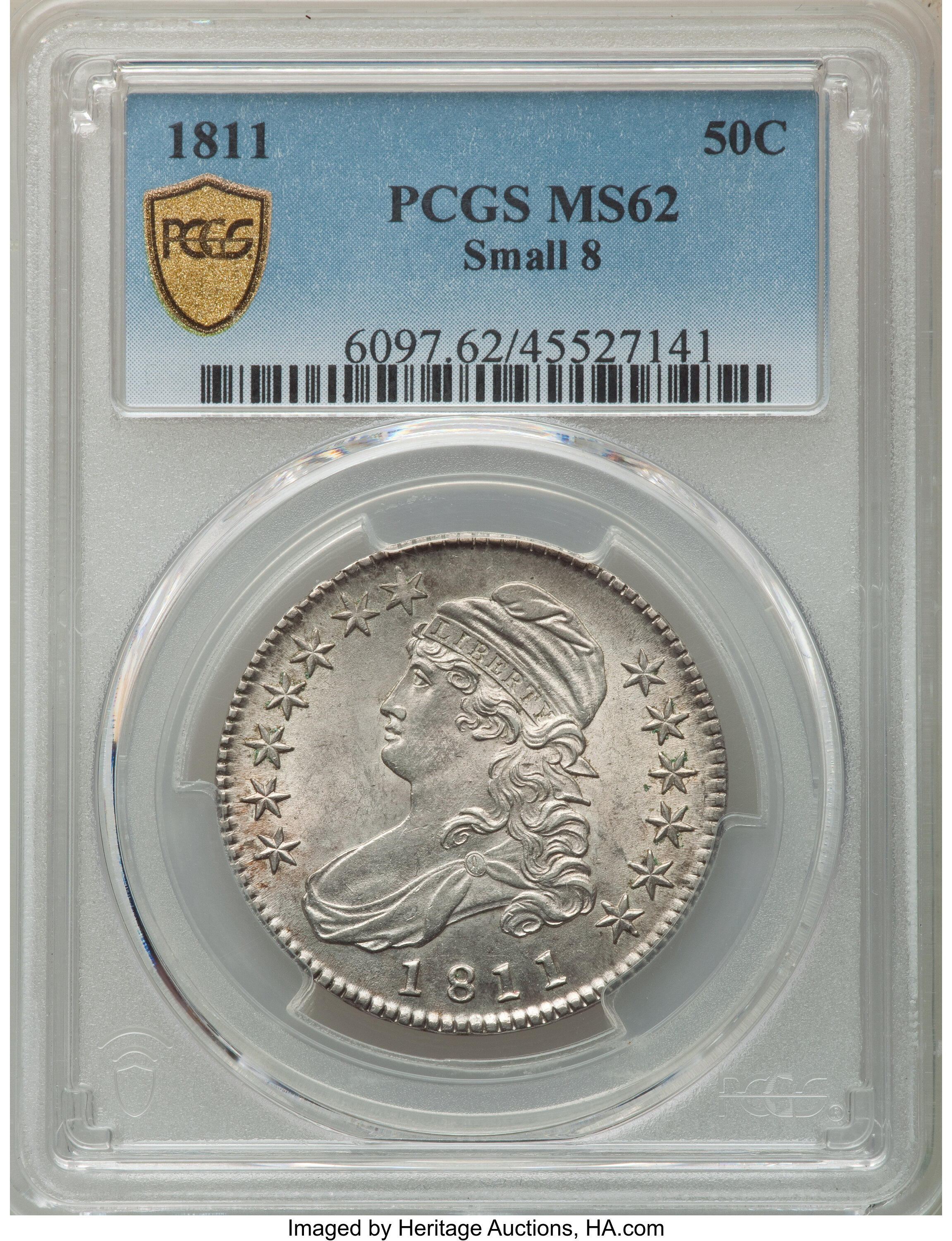 image for: 1811 50C Small 8, O-105a, R.2, MS62 PCGS. PCGS Population: (1/2 and 0/0+). NGC Census: (0/1 and 0/0+). CDN: $1,850 Whsle. B...