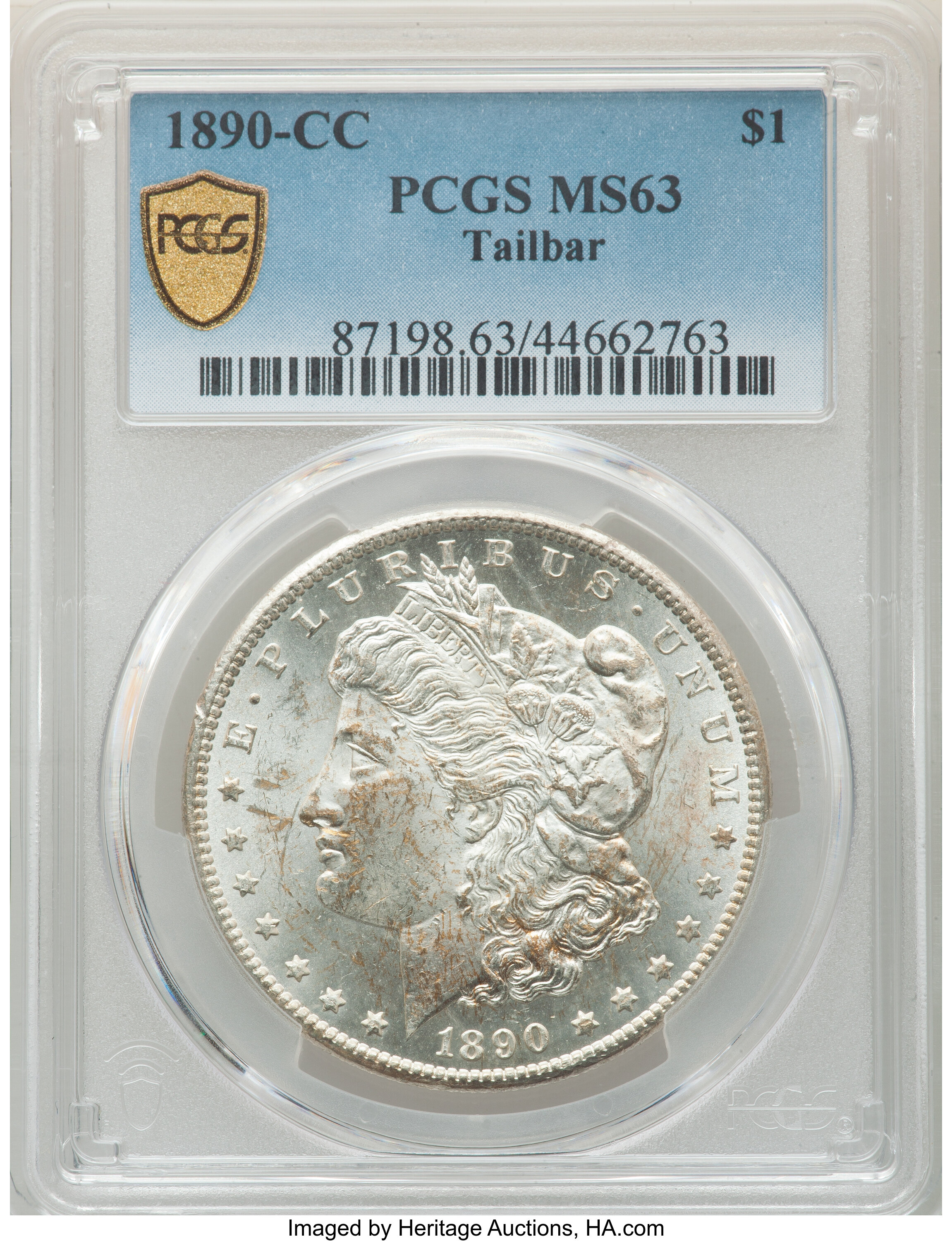 image for: 1890-CC $1 Tail Bar, VAM-4, MS63 PCGS. A Top 100 Variety. PCGS Population: (7/1 and 2/2+). NGC Census: (71/55 and 3/1+). CD...