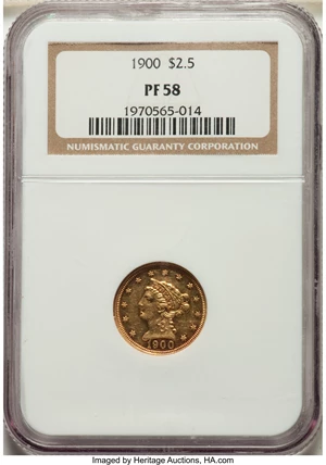 image for: 1900 $2 1/2 PR58 NGC. NGC Census: (9/29). PCGS Population: (16/97). CDN: $2,000 Whsle. Bid for NGC/PCGS PR58. Mintage 205. ...