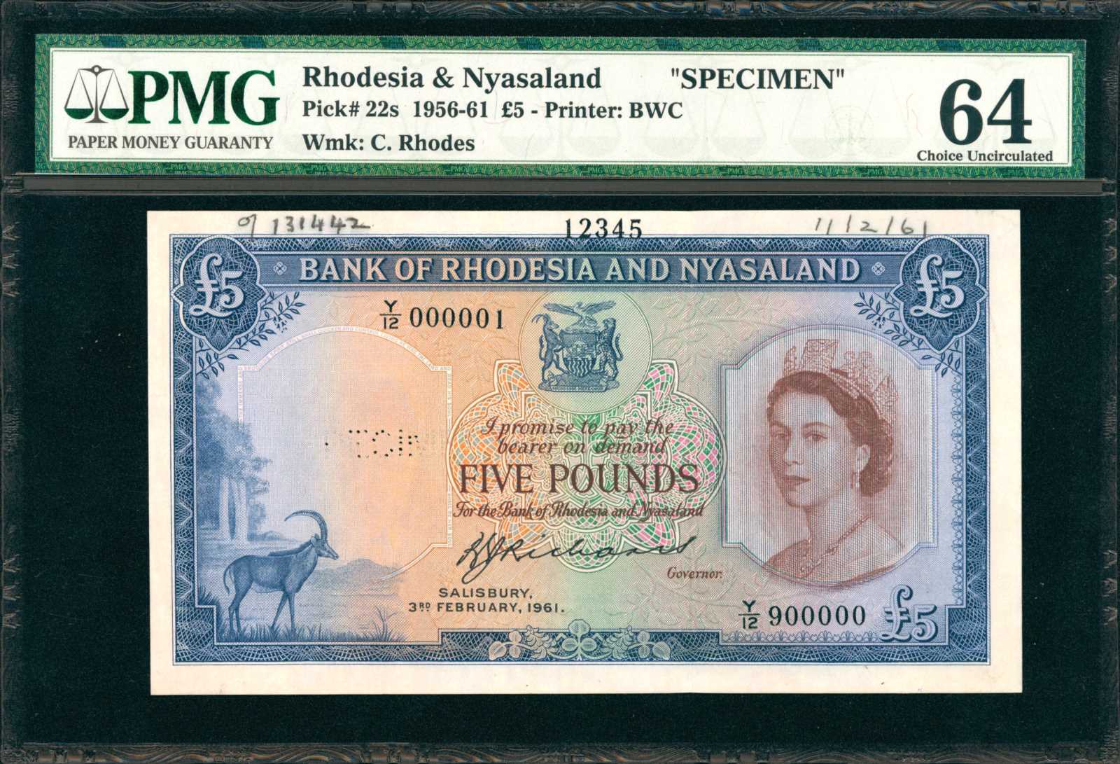 image for: Rhodesia and Nyasaland  5 pounds(B103a1b)