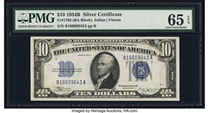 image for: Fr. 1703 $10 1934B Silver Certificate. PMG Gem Uncirculated 65 EPQ....