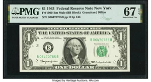 image for: Fr. 1900-B $1 1963 Mule Federal Reserve Note. PMG Superb Gem Unc 67 EPQ....
