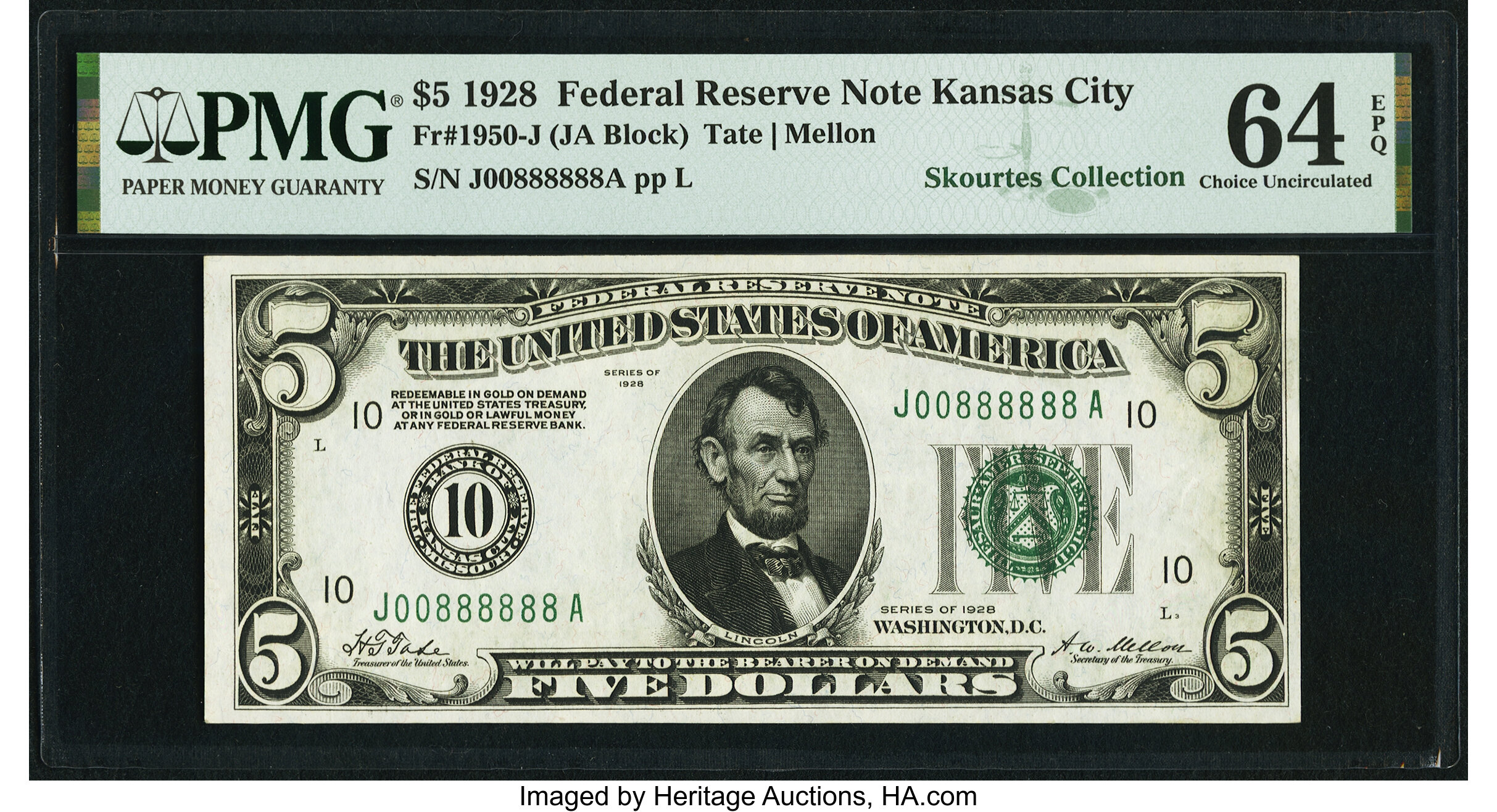 image for: Serial 00888888 Fr. 1950-J $5 1928 Federal Reserve Note. PMG Choice Uncirculated 64 EPQ....