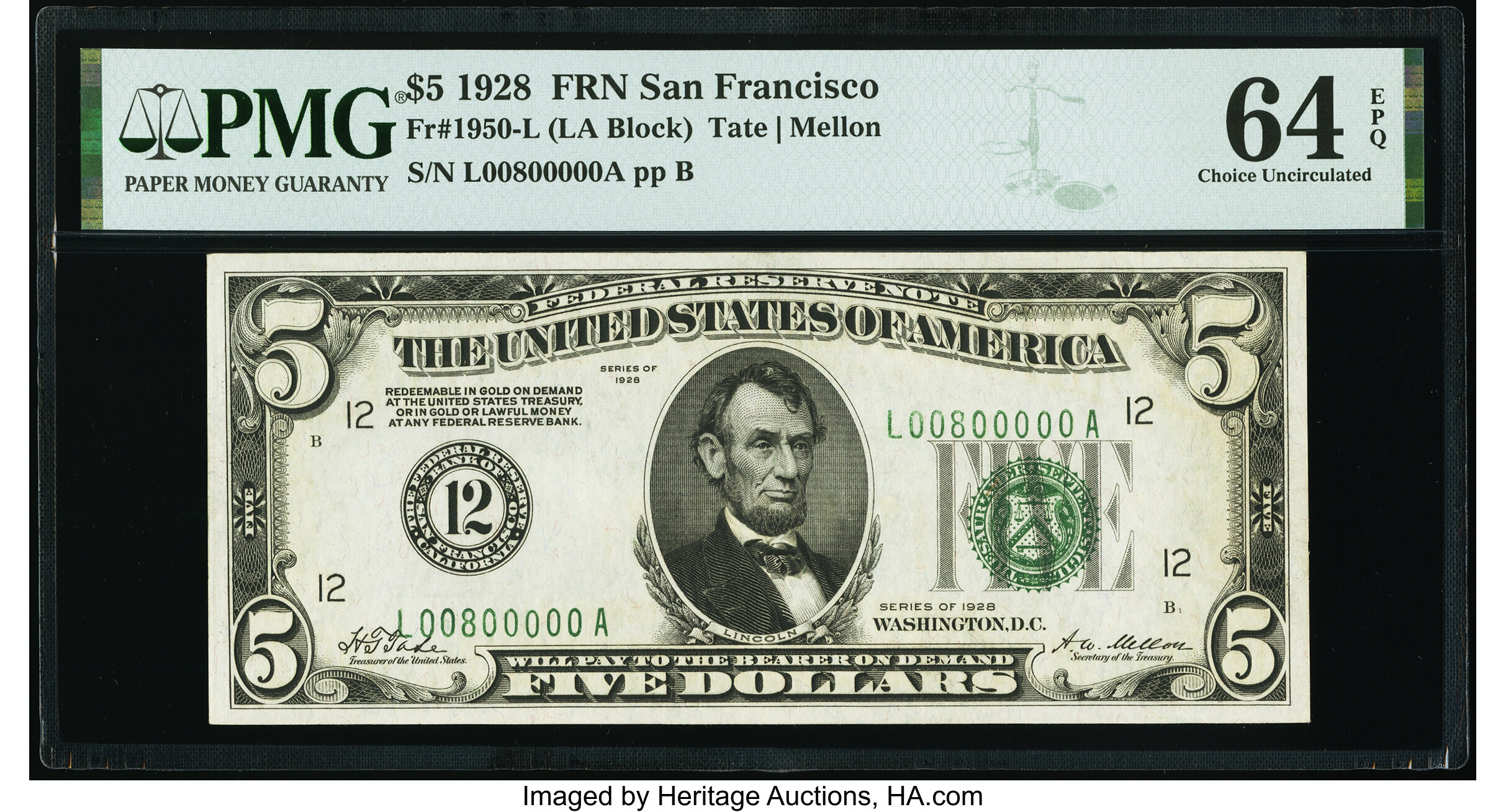 image for: Fancy Serial Number L00800000A Fr. 1950-L $5 1928 Federal Reserve Note. PMG Choice Uncirculated 64 EPQ....