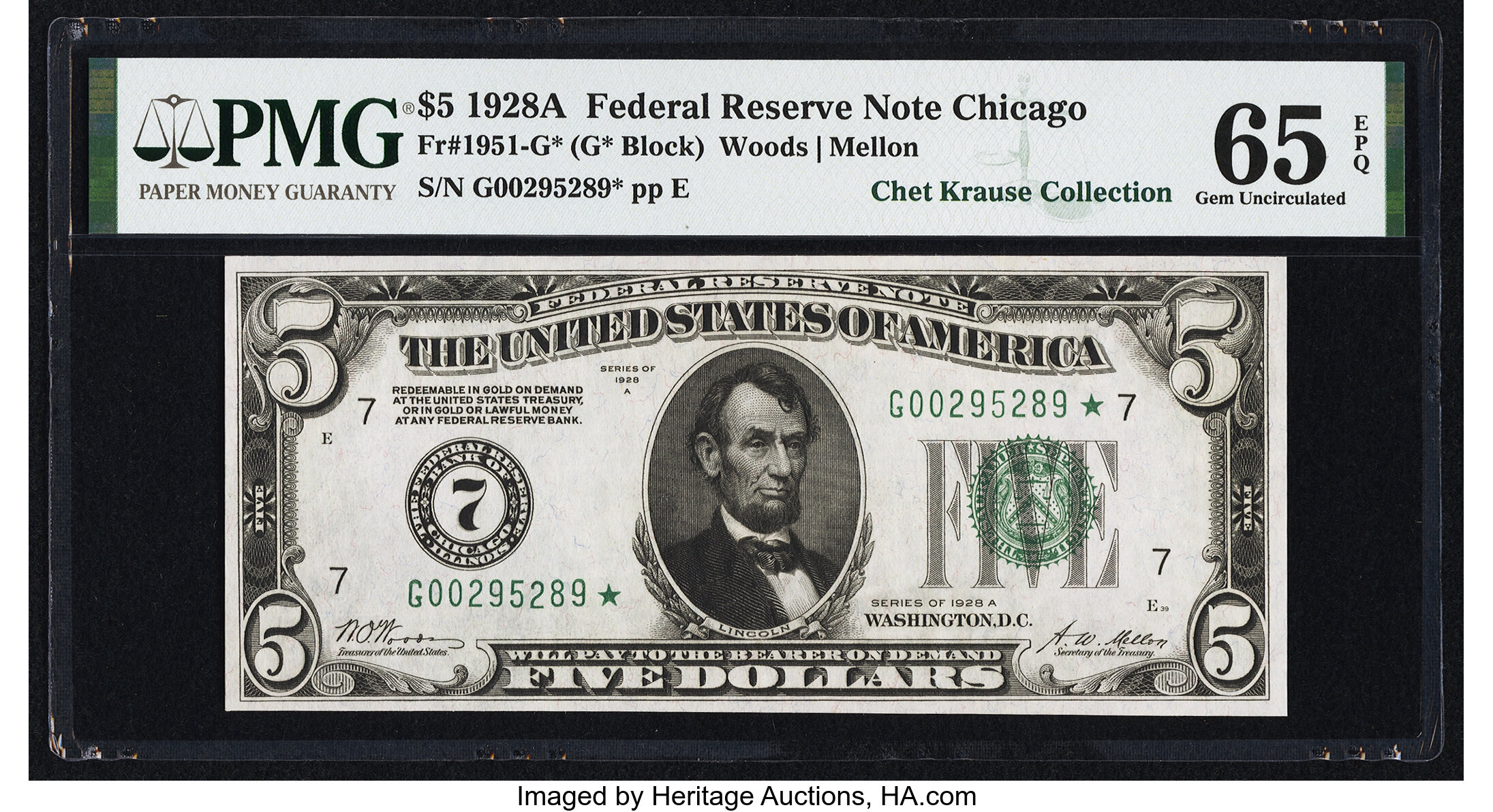 image for: Fr. 1951-G* $5 1928A Federal Reserve Star Note. PMG Gem Uncirculated 65 EPQ....