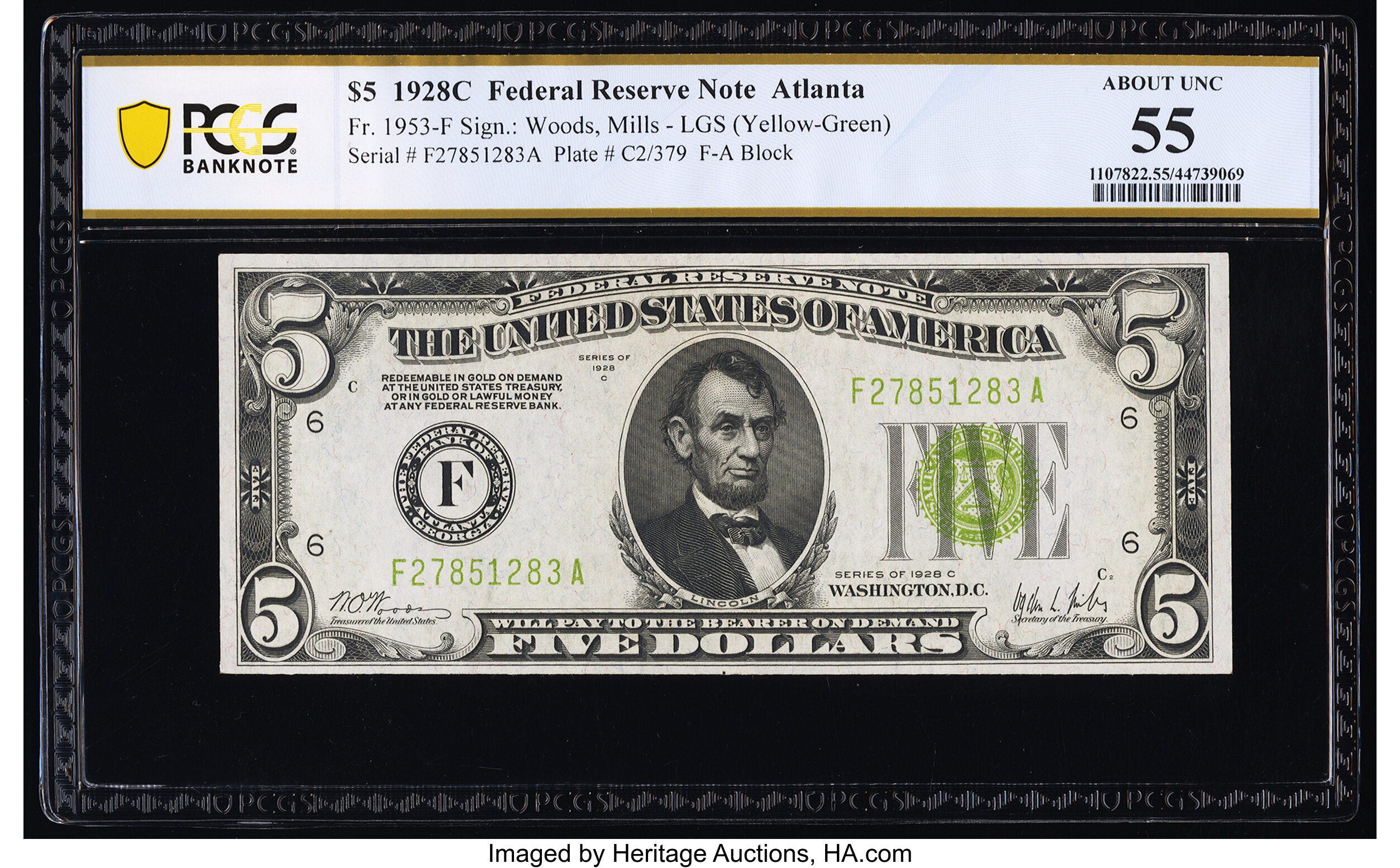 image for: Fr. 1953-F $5 1928C Federal Reserve Note. PCGS Banknote About Unc 55....