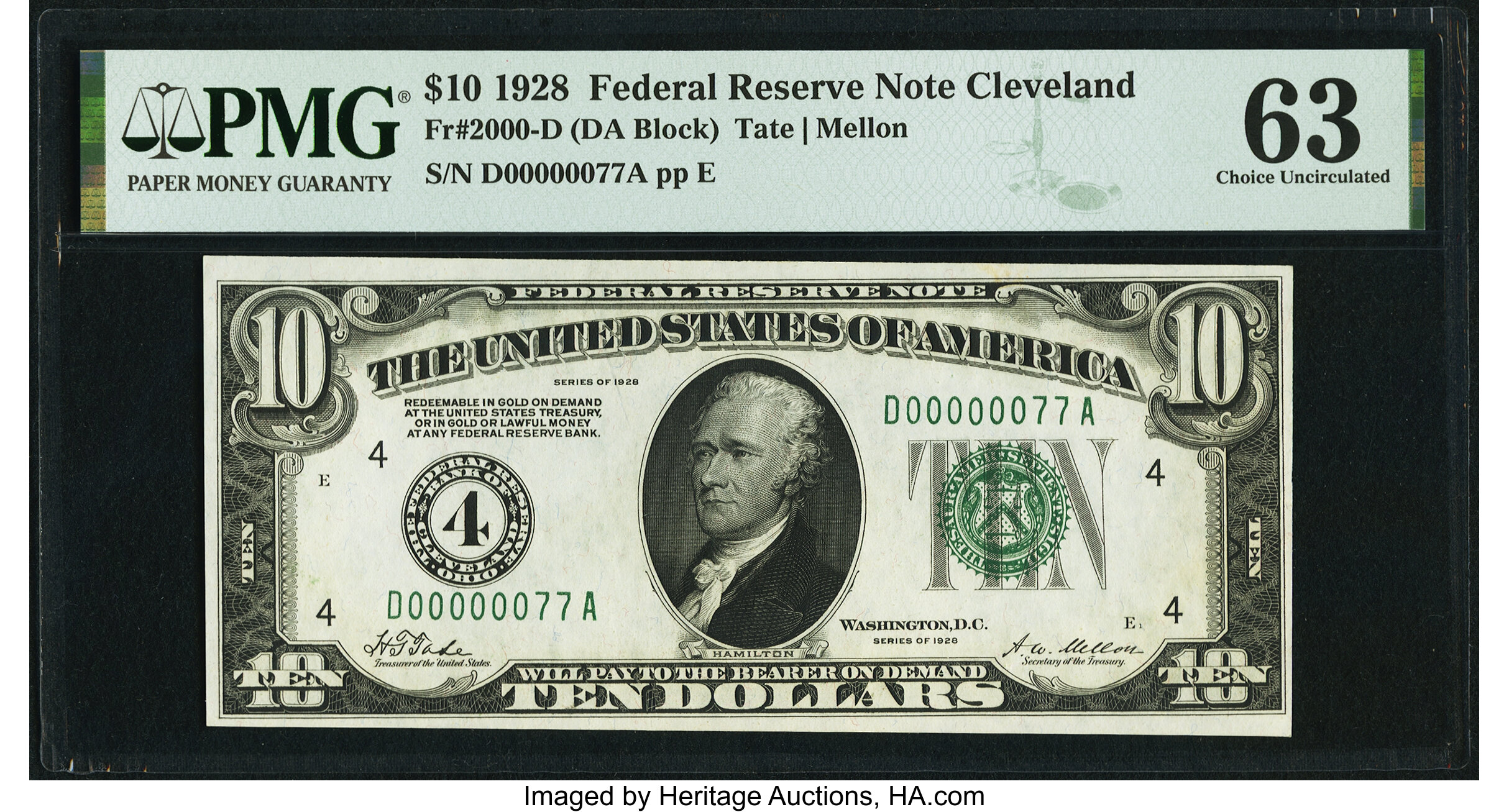 image for: Low Serial Number 77 Fr. 2000-D $10 1928 Federal Reserve Note. PMG Choice Uncirculated 63....