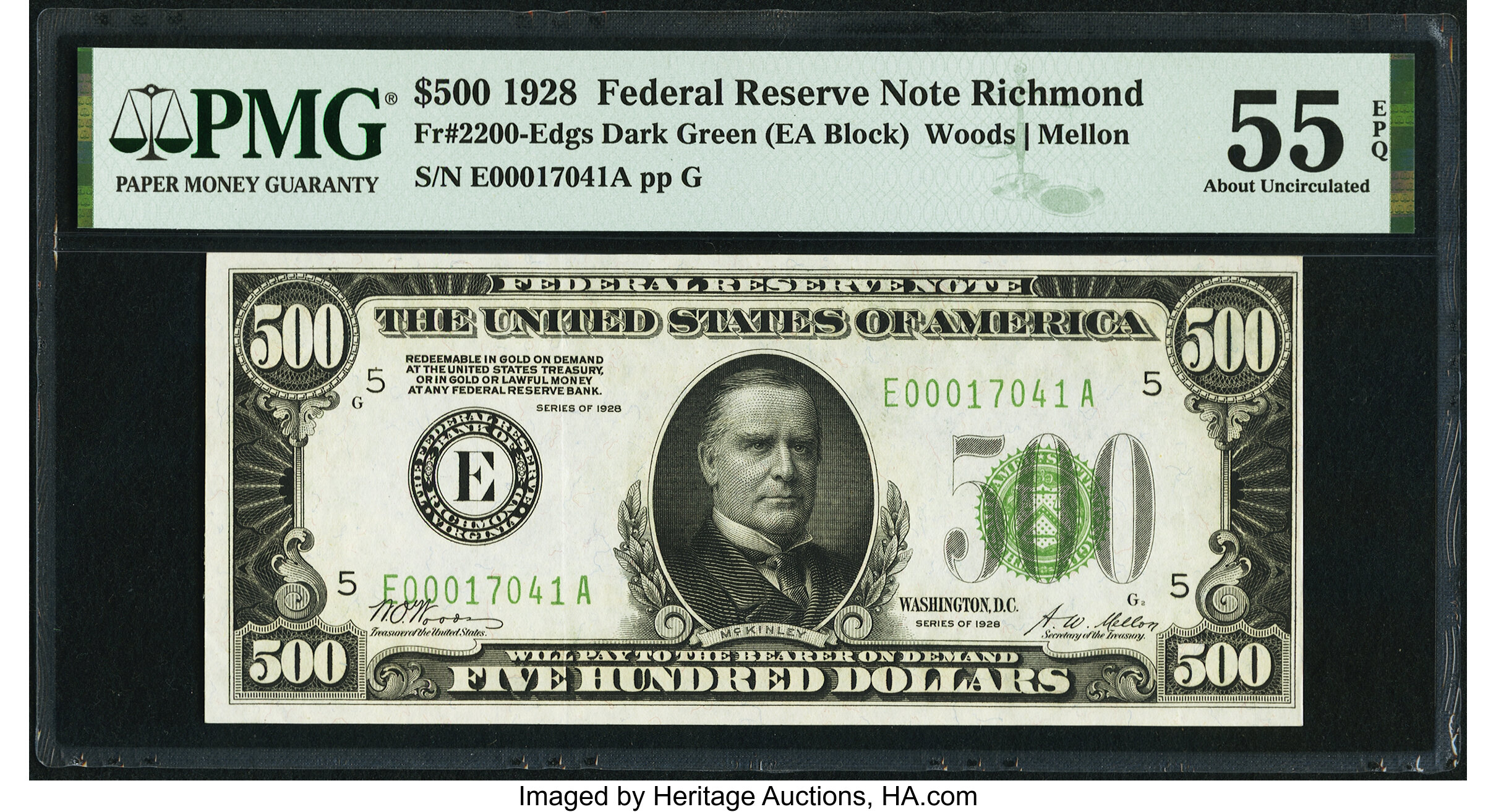 image for: Fr. 2200-E $500 1928 Dark Green Seal Federal Reserve Note. PMG About Uncirculated 55 EPQ....