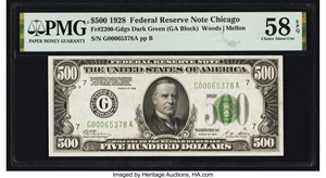 image for: Fr. 2200-G $500 1928 Dark Green Seal Federal Reserve Note. PMG Choice About Unc 58 EPQ....