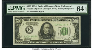 image for: Fr. 2201-E $500 1934 Dark Green Seal Federal Reserve Note. PMG Choice Uncirculated 64 EPQ....