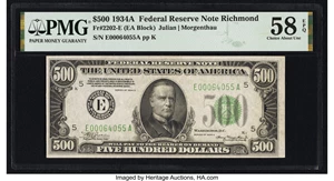 image for: Fr. 2202-E $500 1934A Federal Reserve Note. PMG Choice About Unc 58 EPQ....