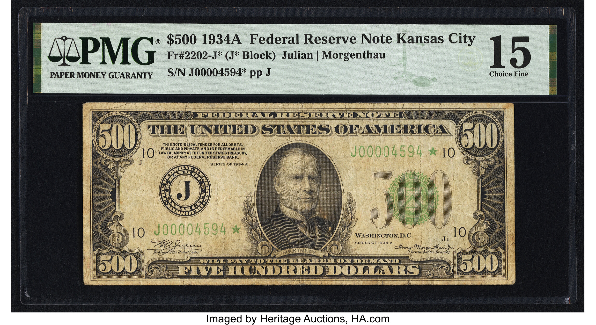 image for: Fr. 2202-J* $500 1934A Federal Reserve Star Note. PMG Choice Fine 15....