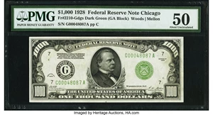 image for: Fr. 2210-G $1,000 1928 Federal Reserve Note. PMG About Uncirculated 50....