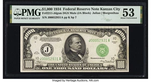 image for: Fr. 2211-J $1,000 1934 Mule Federal Reserve Note. PMG About Uncirculated 53....