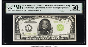 image for: Fr. 2211-J $1,000 1934 Light Green Seal Federal Reserve Note. PMG About Uncirculated 50....