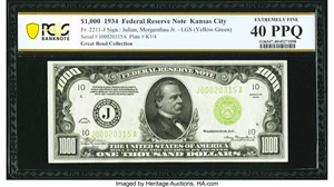 image for: Fr. 2211-J $1,000 1934 Light Green Seal Federal Reserve Note. PCGS Banknote Extremely Fine 40 PPQ....