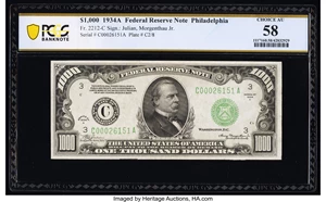 image for: Fr. 2212-C $1,000 1934A Federal Reserve Note. PCGS Banknote Choice AU 58....