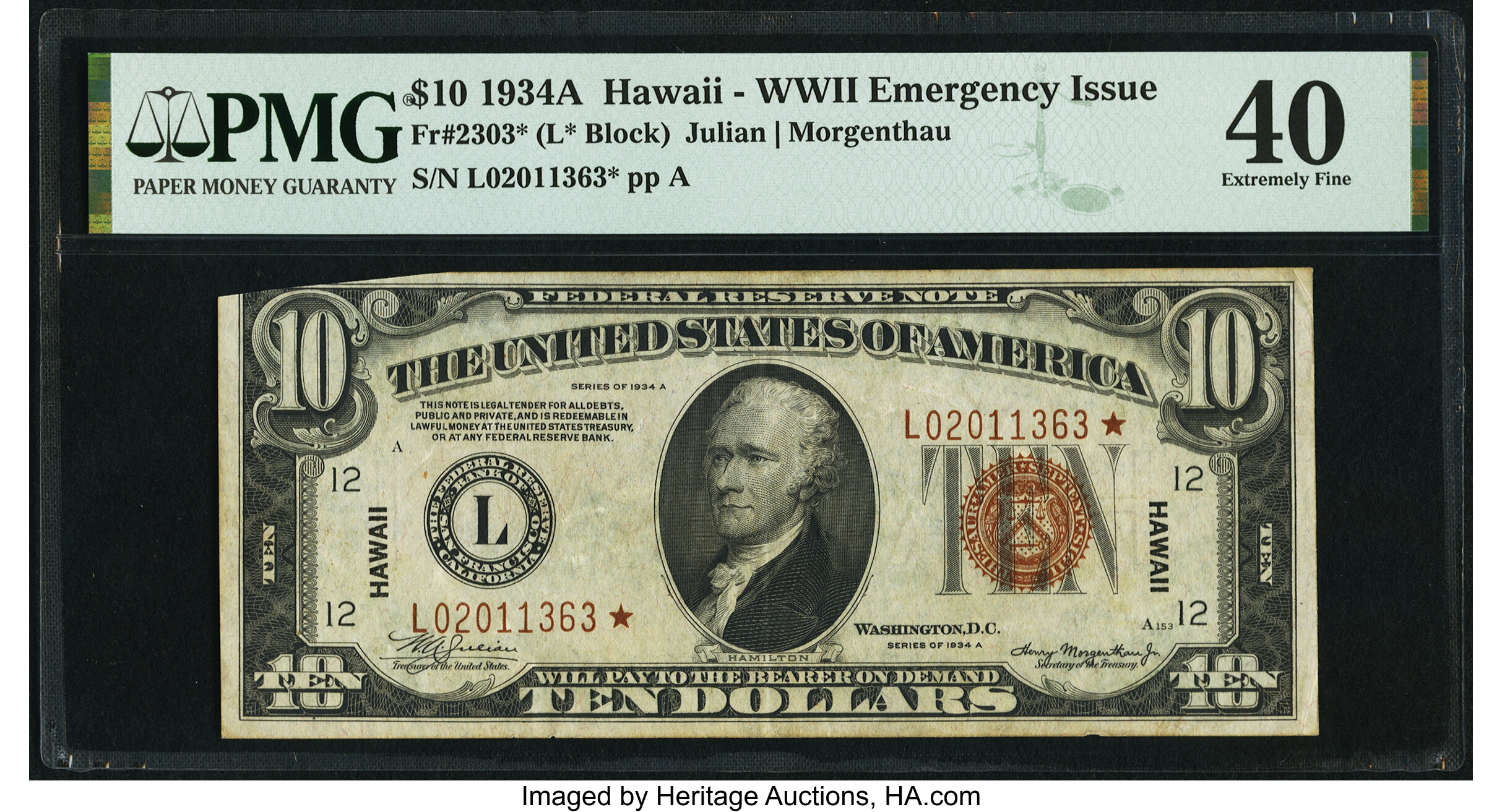 image for: Fr. 2303* $10 1934A Hawaii Federal Reserve Star Note. PMG Extremely Fine 40....