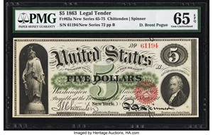 image for: Fr. 63a $5 1863 Legal Tender PMG Gem Uncirculated 65 EPQ....