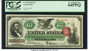 image for: Fr. 95b $10 1863 Legal Tender PCGS Very Choice New 64PPQ....