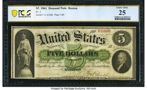 image for: Fr. 3 $5 1861 Demand Note PCGS Banknote Very Fine 25....