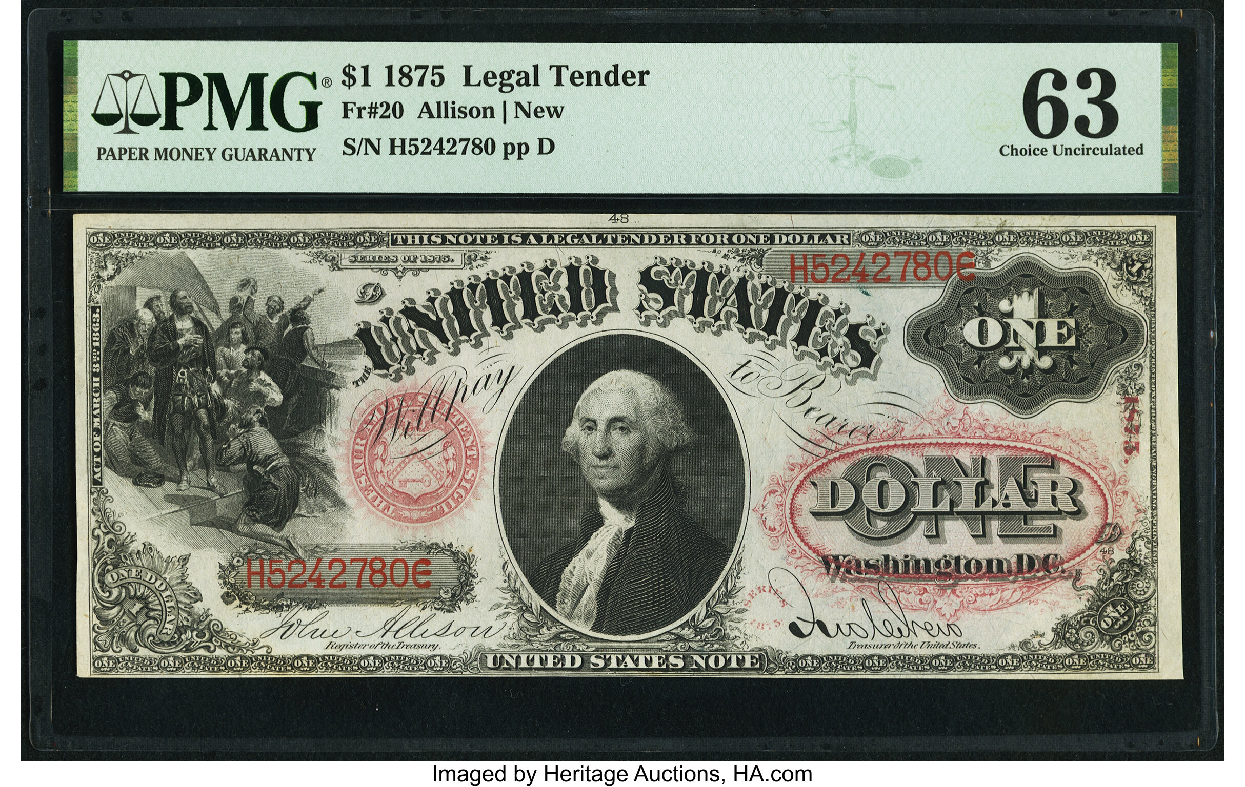 image for: Fr. 20 $1 1875 Legal Tender PMG Choice Uncirculated 63....