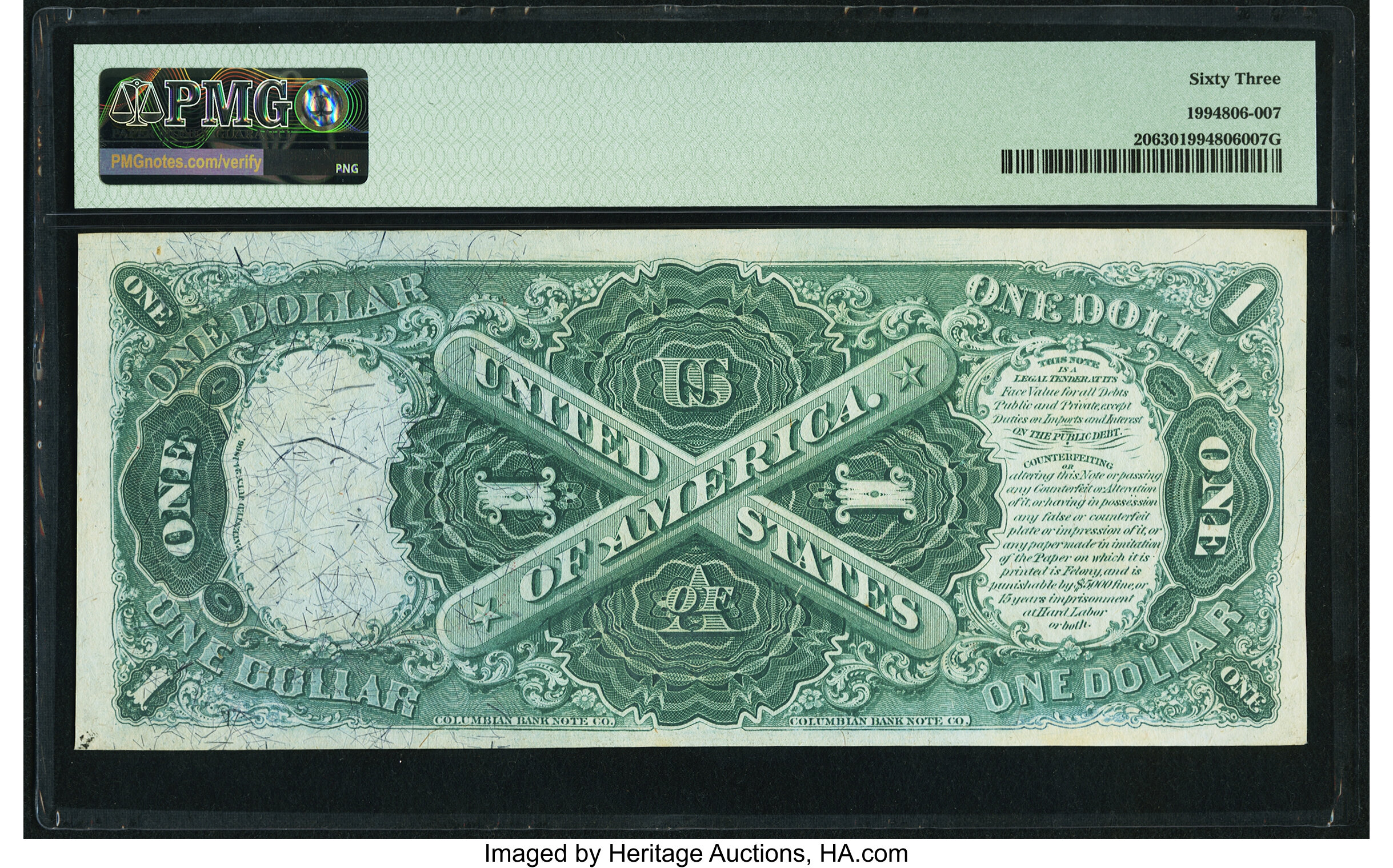 image for: Fr. 20 $1 1875 Legal Tender PMG Choice Uncirculated 63....