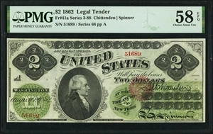 image for: Fr. 41a $2 1862 Legal Tender PMG Choice About Unc 58 EPQ....