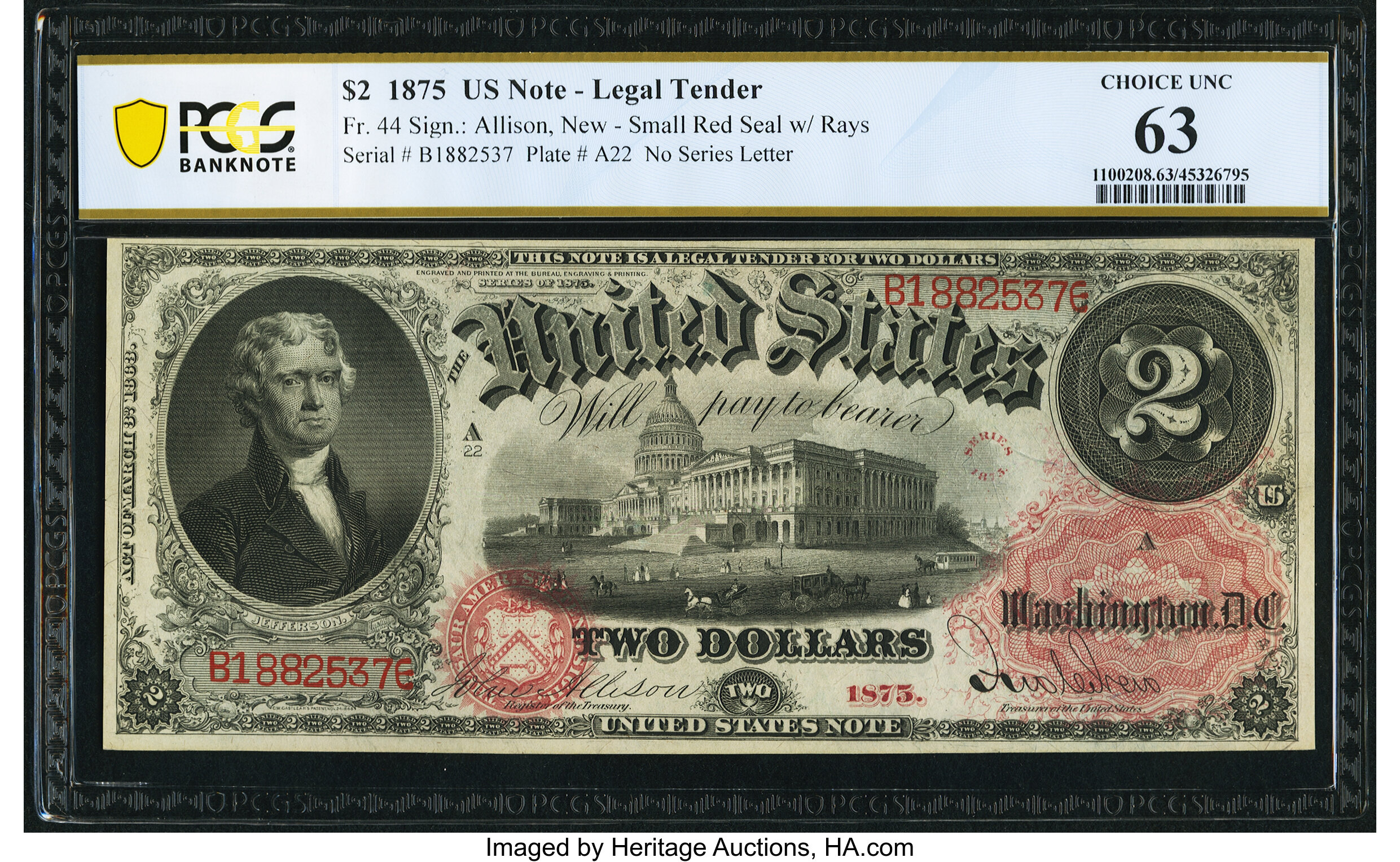 image for: Fr. 44 $2 1875 Legal Tender PCGS Banknote Choice Unc 63....