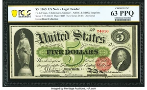 image for: Fr. 63 $5 1863 Legal Tender PCGS Banknote Choice Unc 63 PPQ....