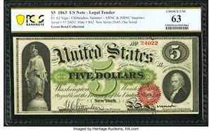 image for: Fr. 63 $5 1863 Legal Tender PCGS Banknote Choice Unc 63....