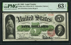 image for: Fr. 63a $5 1863 Legal Tender PMG Choice Uncirculated 63 EPQ....