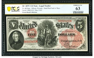image for: Fr. 68 $5 1875 Legal Tender PCGS Banknote Choice Unc 63....