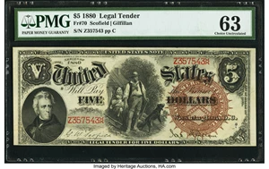 image for: Fr. 70 $5 1880 Legal Tender PMG Choice Uncirculated 63....