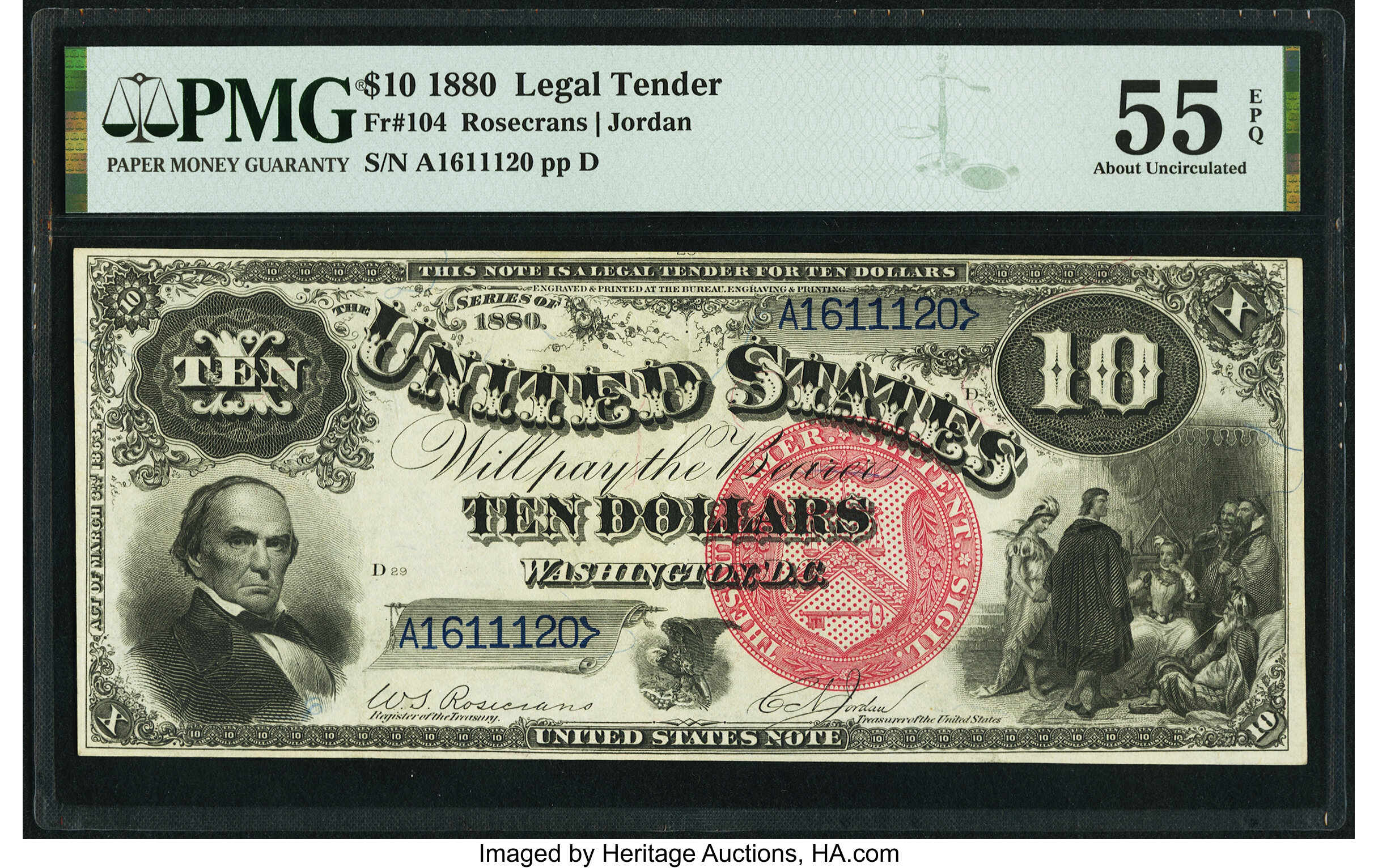 image for: Fr. 104 $10 1880 Legal Tender PMG About Uncirculated 55 EPQ....
