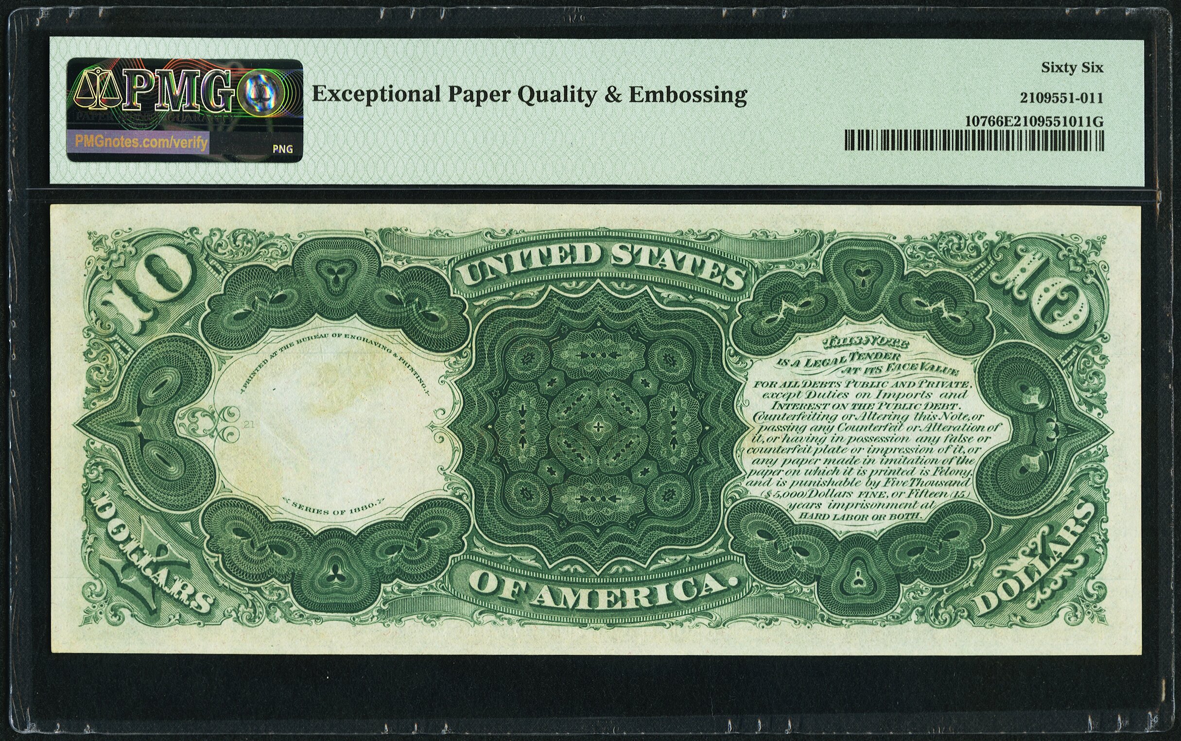 image for: Fr. 107 $10 1880 Legal Tender PMG Gem Uncirculated 66 EPQ....
