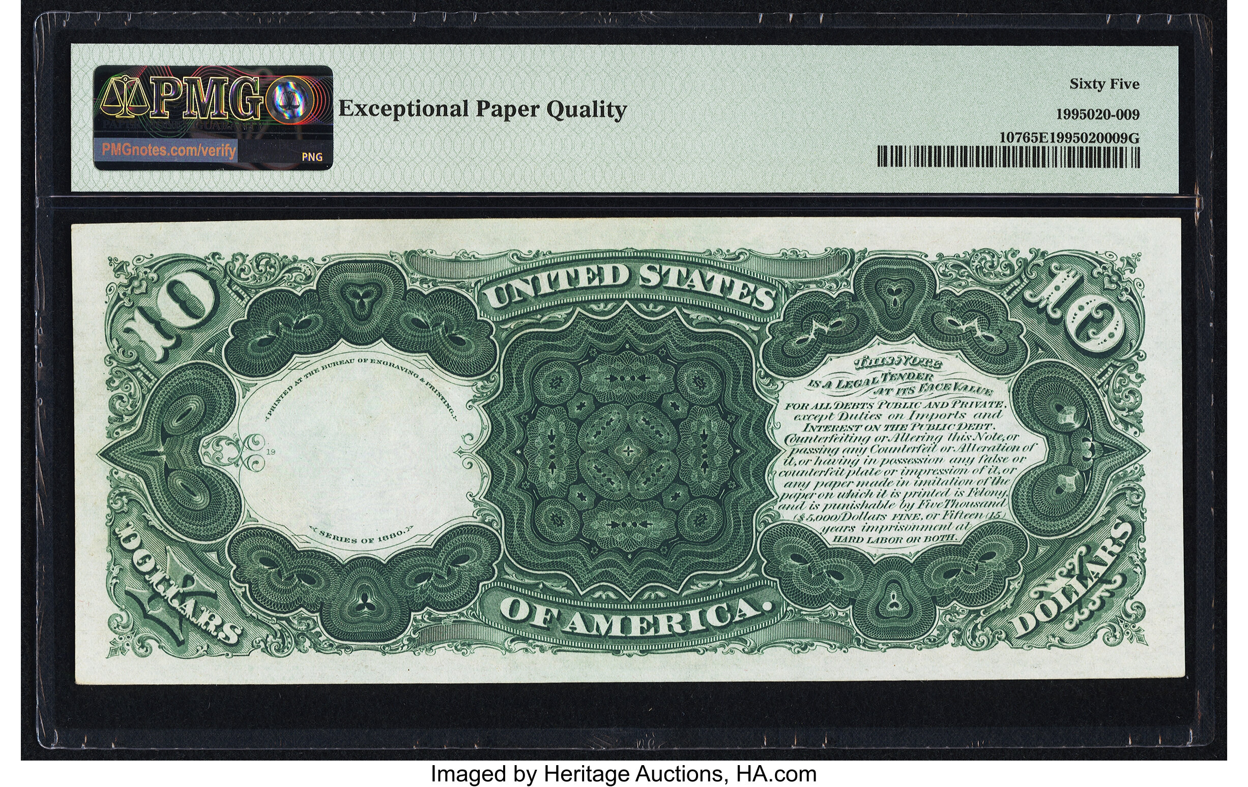 image for: Fr. 107 $10 1880 Legal Tender PMG Gem Uncirculated 65 EPQ....