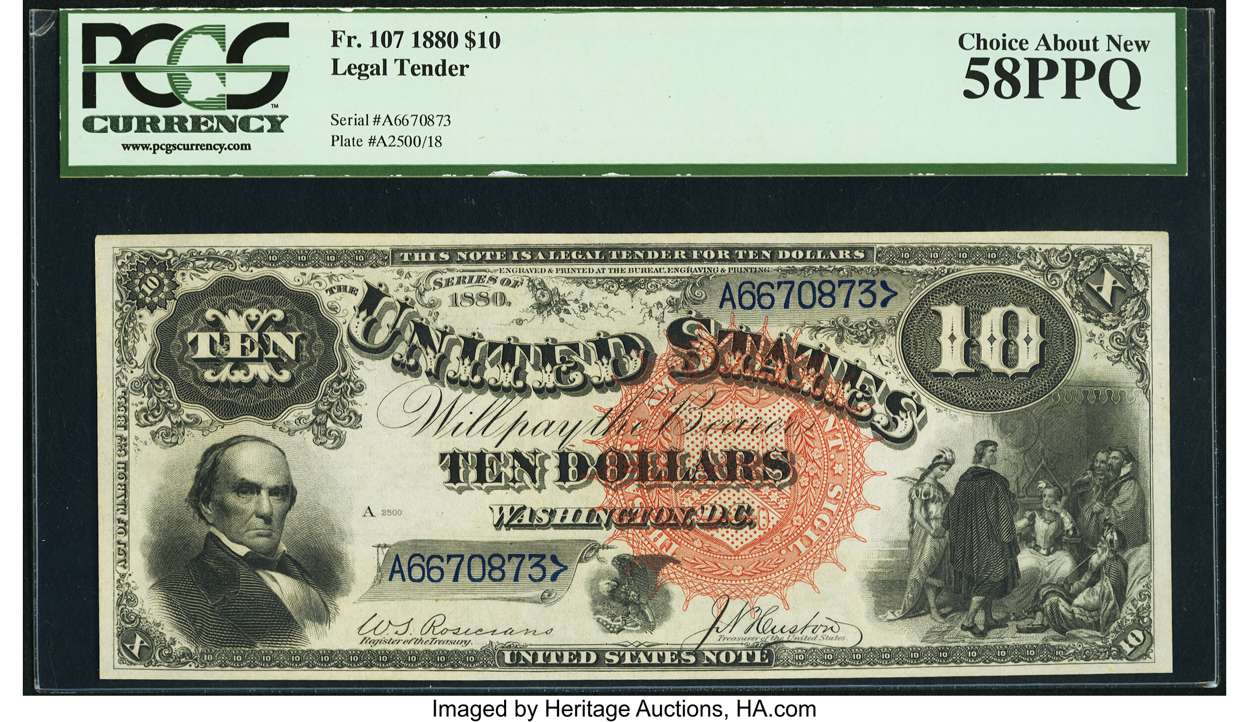 image for: Fr. 107 $10 1880 Legal Tender PCGS Choice About New 58PPQ....